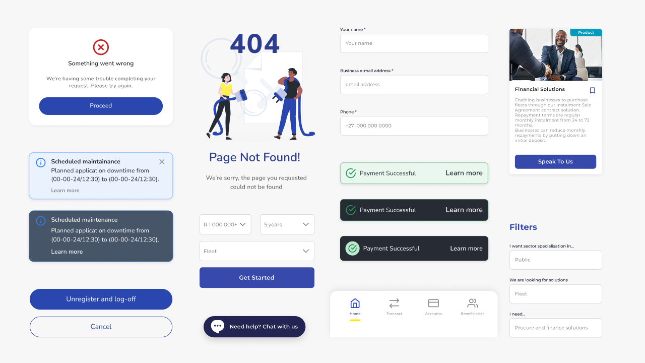 Design system components including notifications, forms, and UI patterns
