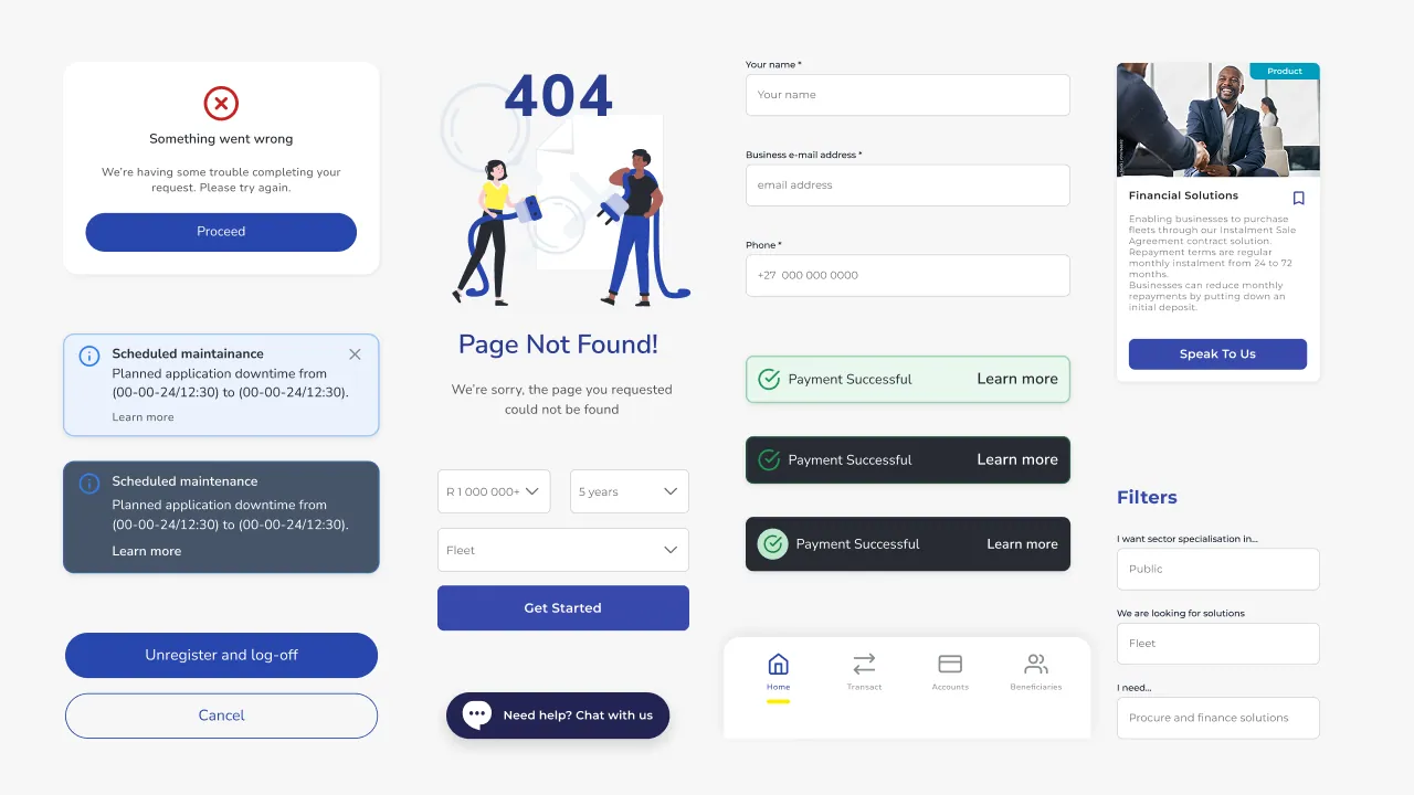 Design system components including notifications, forms, and UI patterns