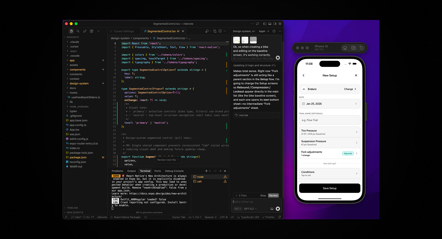 Cursor IDE in action with the RideNote project