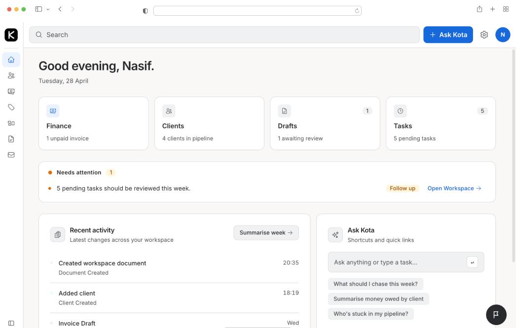 Kota AI dashboard interface