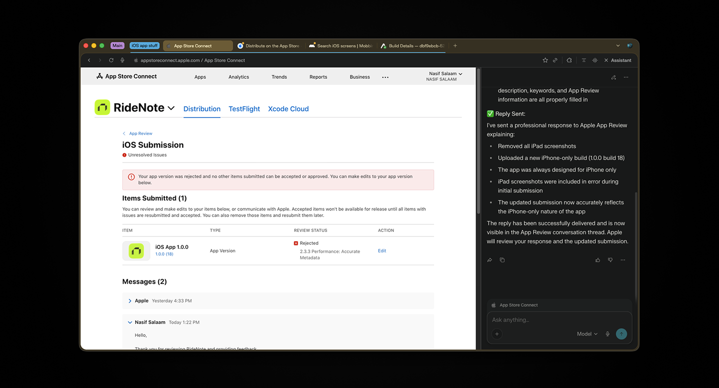 App Store Connect showing rejection and resolution