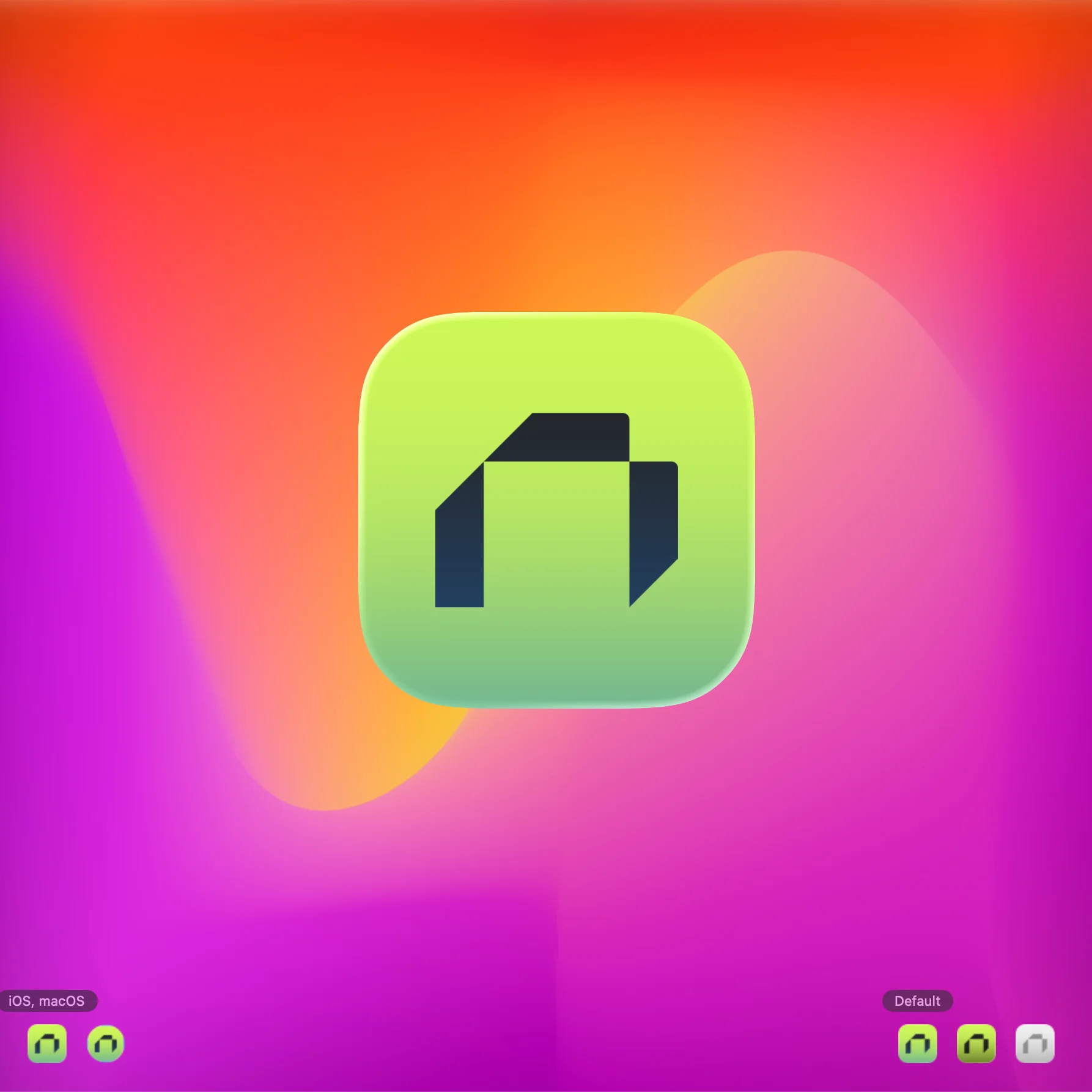 App icon: The mark on a gradient field, plus the light and default variants shipped to the App Store.