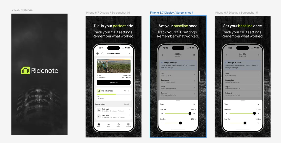 App Store screenshots: The same colour and type system carried through to the listing itself: splash, then feature screens.