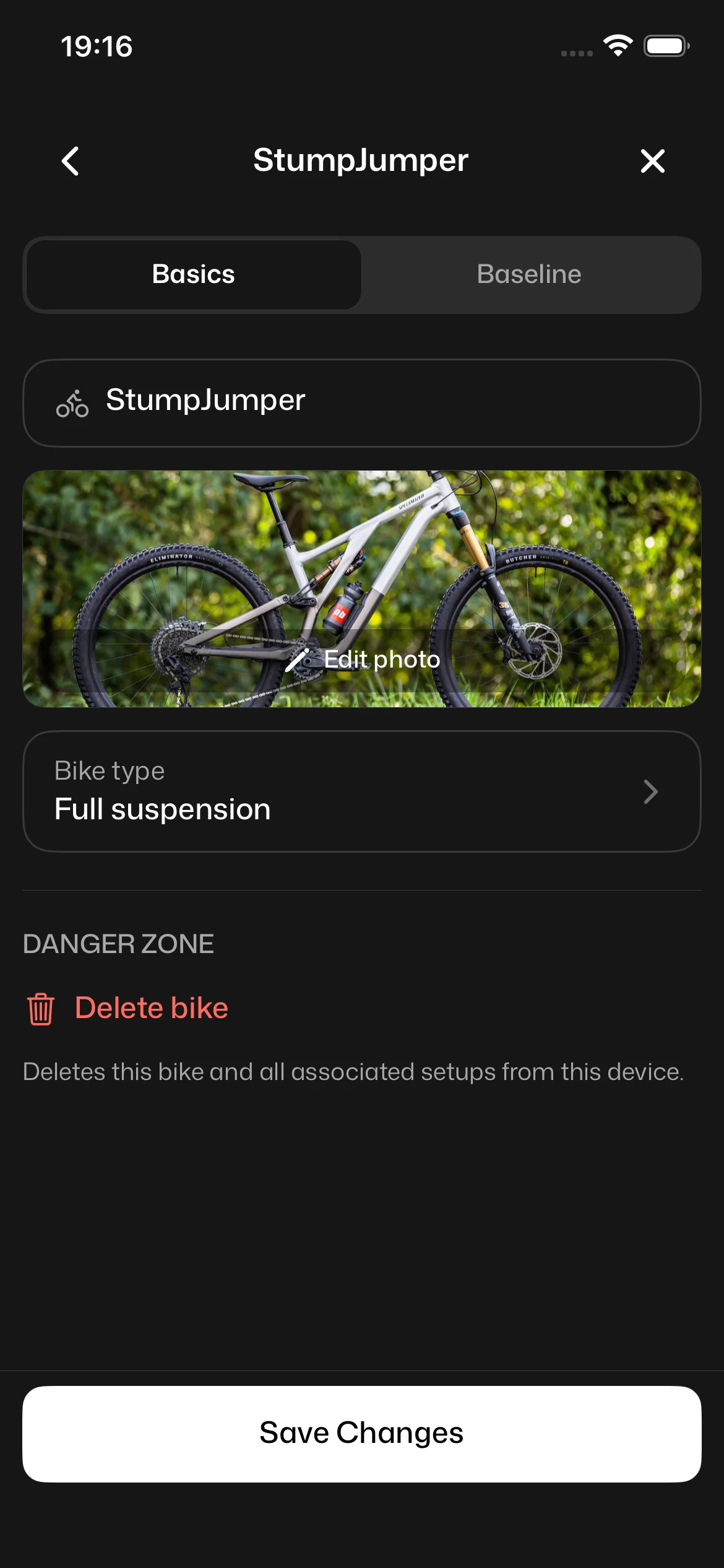 The bike itself: Nickname, photo, and type. What the hardware can do.