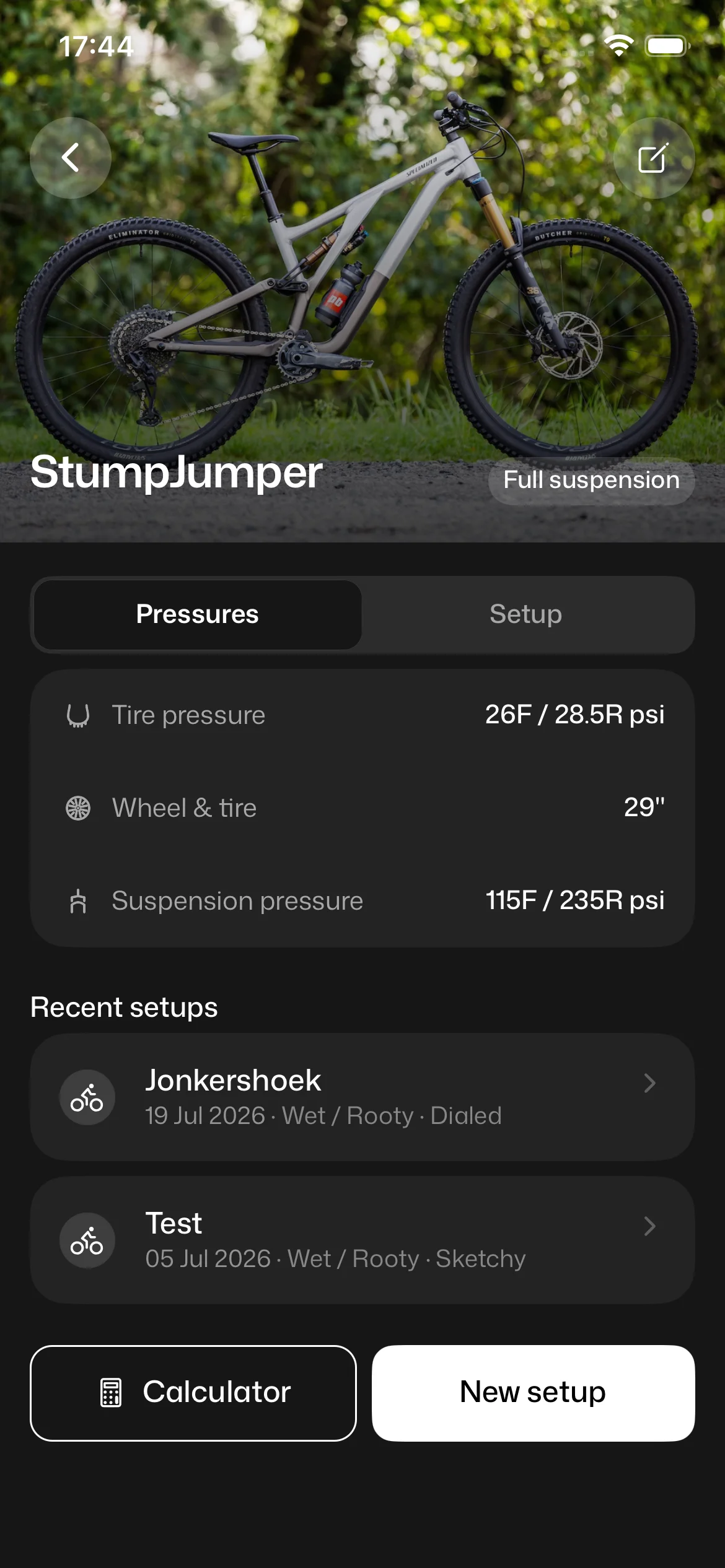 Pressure calculator: A starting point from rider weight, discipline, and bike type, one tap from the bike itself.