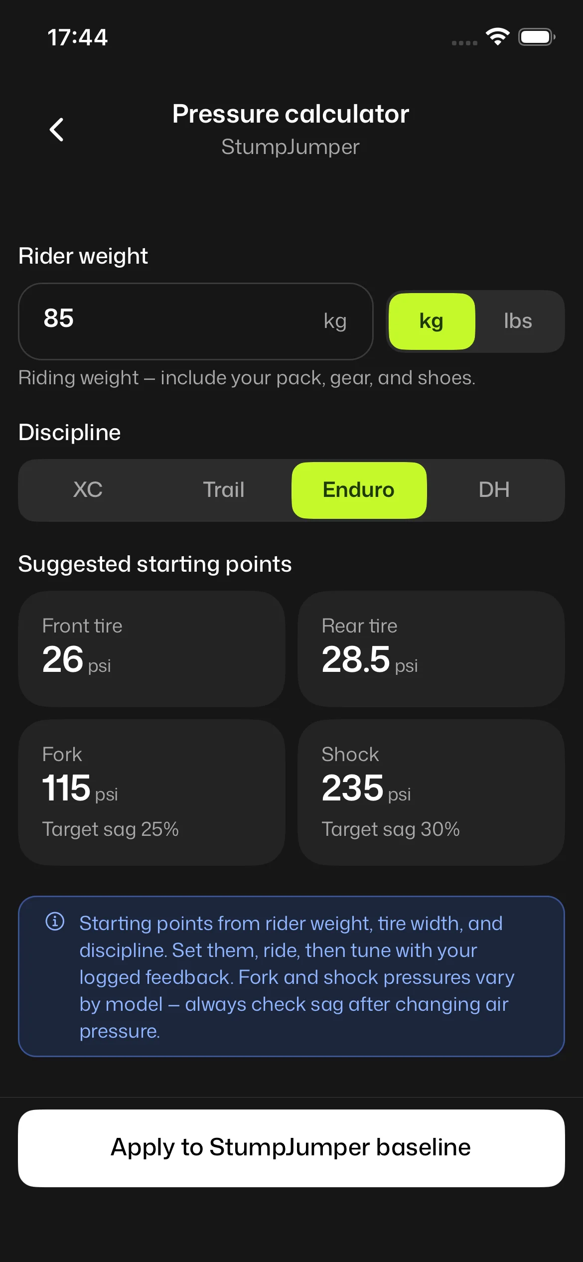 Suggested pressure, no tap needed: Weight and discipline feed a starting point instantly. Apply writes it straight to the baseline.