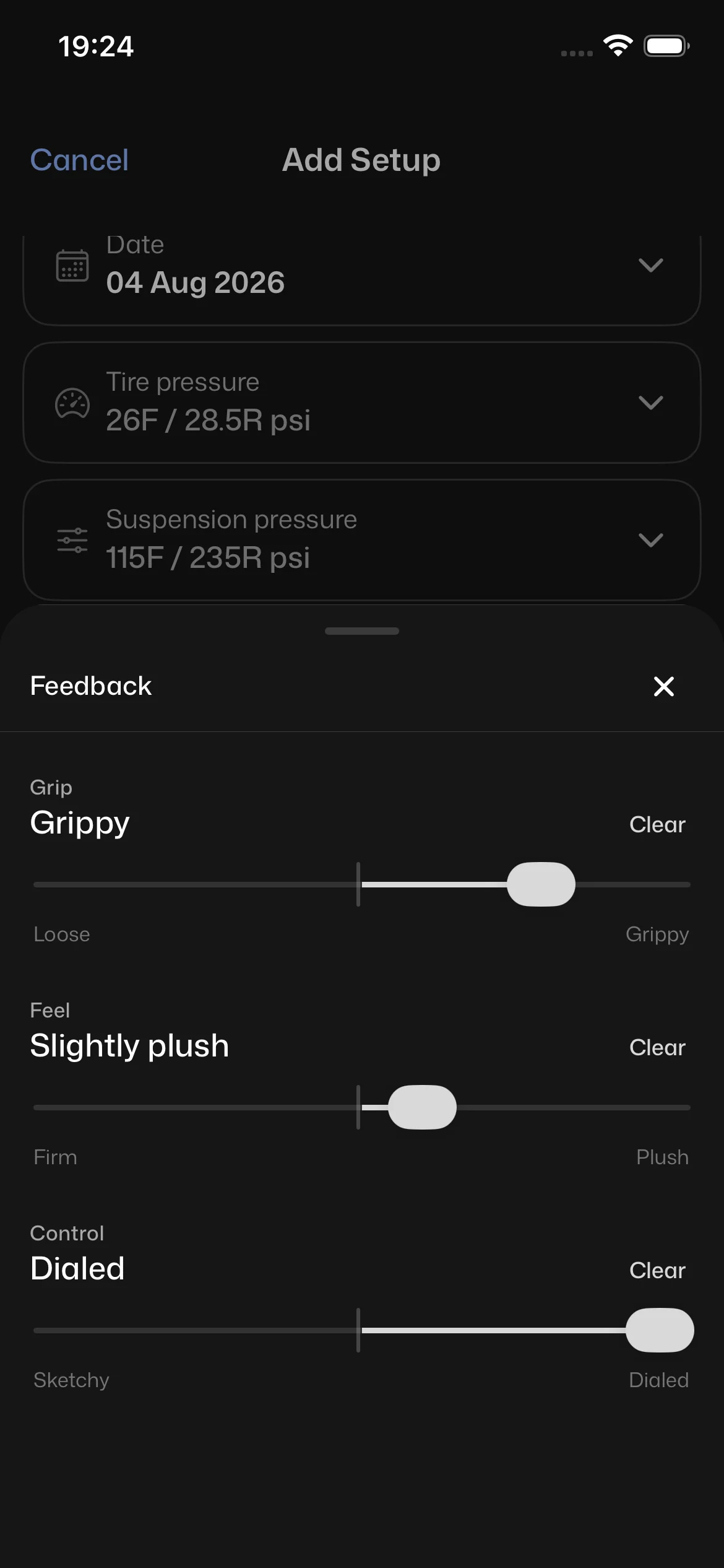 Rate the ride: Grip, Feel, and Control. Real language at both ends of each slider, not just a number.